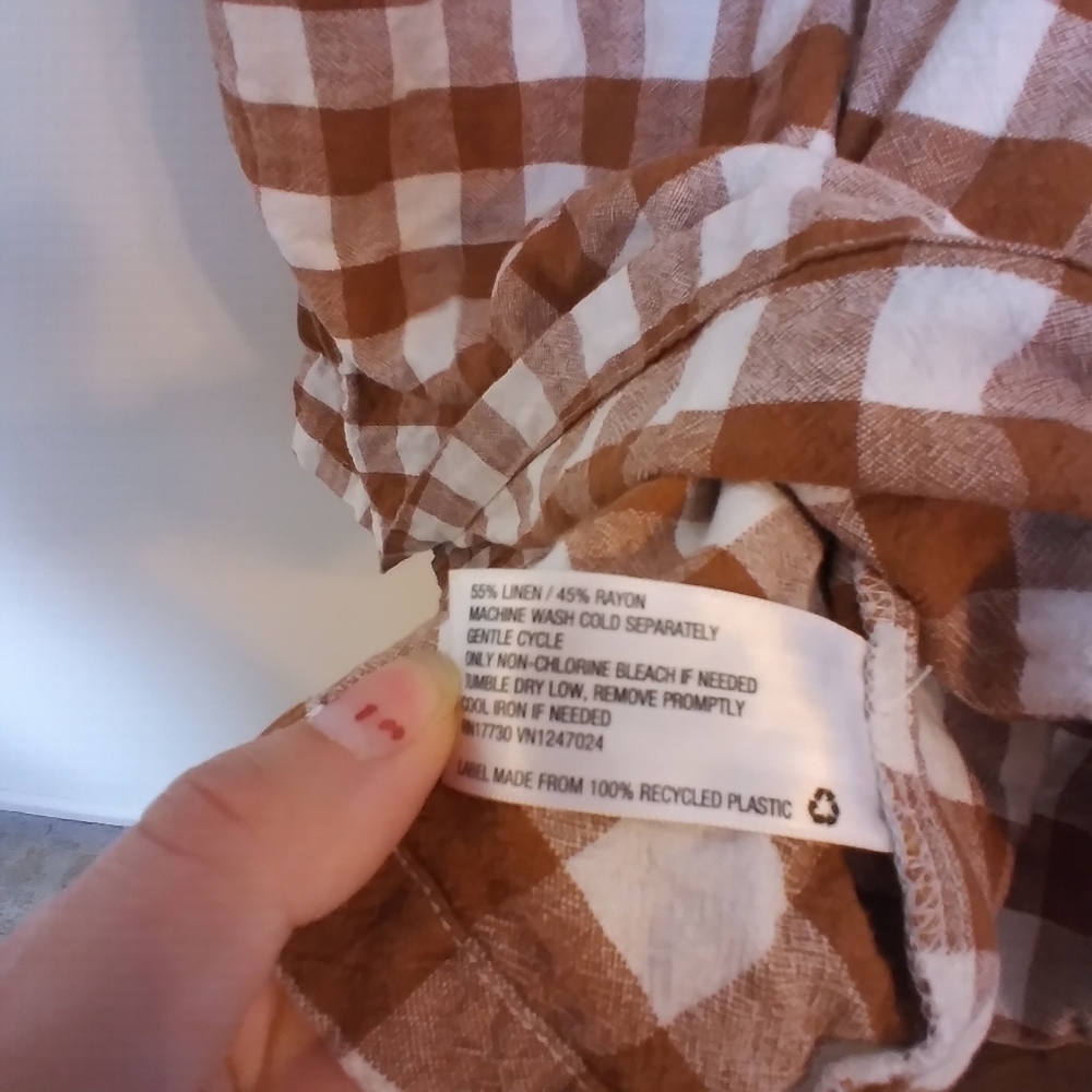 A New Day Neutral Plaid Linen Blend Short Ruffle Sleeve Blouse Size Medium - Picture 7 of 7